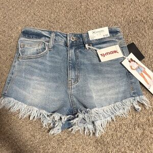 Celebrity Pink Light Blue Frayed Hem Denim Shorts